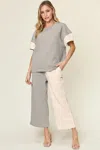 Truedames Full Size Texture Contrast T-shirt And Wide Leg Pants Set In Gray