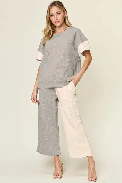 Truedames Full Size Texture Contrast T-shirt And Wide Leg Pants Set In Gray