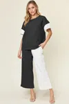 Truedames Full Size Texture Contrast T-shirt And Wide Leg Pants Set In Multi