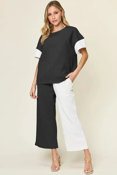 Truedames Full Size Texture Contrast T-shirt And Wide Leg Pants Set In Multi