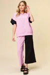 Truedames Full Size Texture Contrast T-shirt And Wide Leg Pants Set In Pink