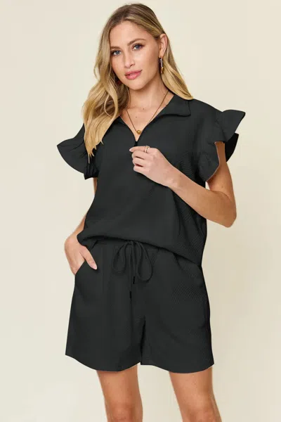 Truedames Full Size Texture Flounce Sleeve Top And Drawstring Shorts Set In Black