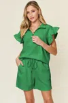 Truedames Full Size Texture Flounce Sleeve Top And Drawstring Shorts Set In Green