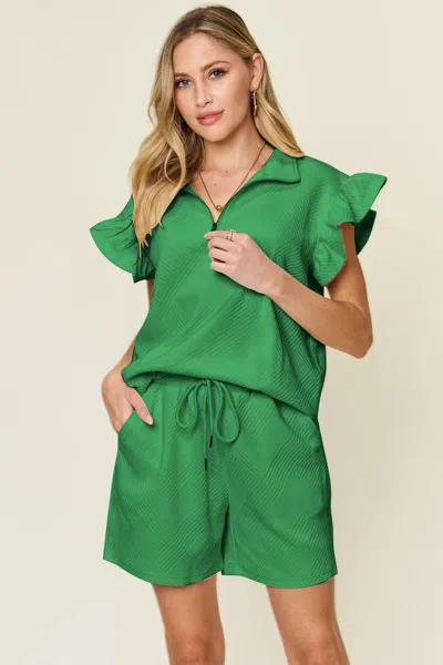 Truedames Full Size Texture Flounce Sleeve Top And Drawstring Shorts Set In Green