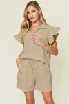 Truedames Full Size Texture Flounce Sleeve Top And Drawstring Shorts Set In Neutral