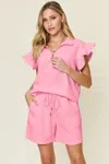 Truedames Full Size Texture Flounce Sleeve Top And Drawstring Shorts Set In Pink