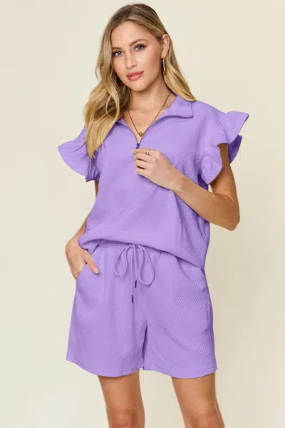 Truedames Full Size Texture Flounce Sleeve Top And Drawstring Shorts Set In Purple