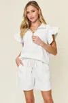 Truedames Full Size Texture Flounce Sleeve Top And Drawstring Shorts Set In White