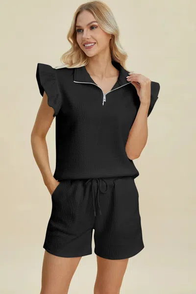 Truedames Full Size Texture Flounce Sleeve Top And Shorts Set In Black