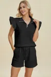Truedames Full Size Texture Flounce Sleeve Top And Drawstring Shorts Set In Black