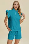Truedames Full Size Texture Flounce Sleeve Top And Shorts Set In Blue