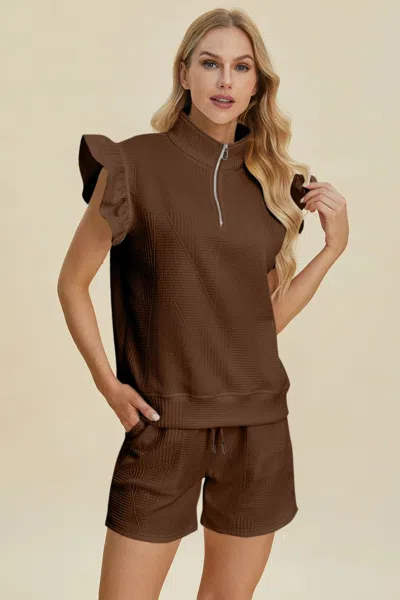 Truedames Full Size Texture Flounce Sleeve Top And Shorts Set In Brown