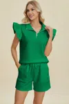 Truedames Full Size Texture Flounce Sleeve Top And Drawstring Shorts Set In Green
