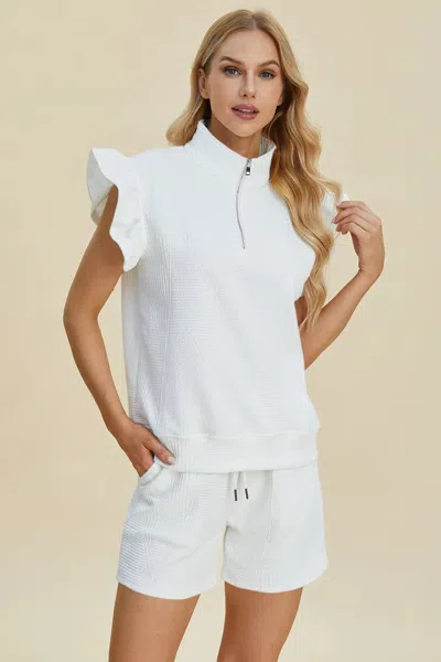 Truedames Full Size Texture Flounce Sleeve Top And Shorts Set In White