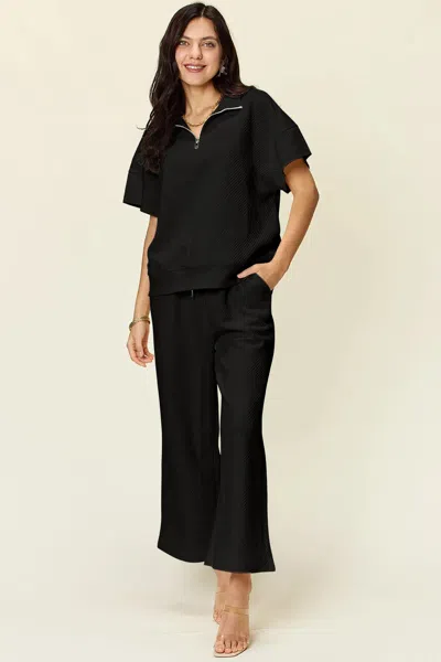 Truedames Full Size Texture Half Zip Short Sleeve Top And Pants Set In Black