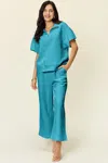 Truedames Full Size Texture Half Zip Short Sleeve Top And Pants Set In Blue