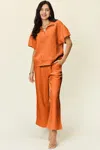 Truedames Full Size Texture Half Zip Short Sleeve Top And Pants Set In Orange