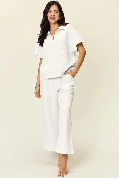Truedames Full Size Texture Half Zip Short Sleeve Top And Pants Set In White
