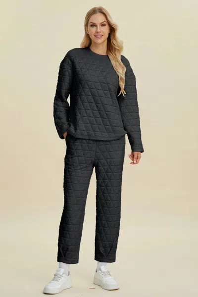 Truedames Full Size Texture Round Neck Long Sleeve Top And Pants Set In Black