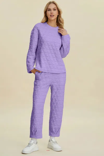 Truedames Full Size Texture Round Neck Long Sleeve Top And Pants Set In Purple