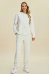 Truedames Full Size Texture Round Neck Long Sleeve Top And Pants Set In White