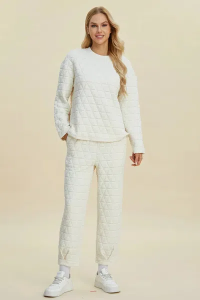 Truedames Full Size Texture Round Neck Long Sleeve Top And Pants Set In White