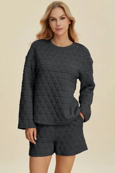 Truedames Full Size Texture Round Neck Long Sleeve Top And Shorts Set In Black