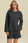 Truedames Full Size Texture Round Neck Long Sleeve Top And Shorts Set In Gray