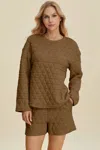 Truedames Full Size Texture Round Neck Long Sleeve Top And Shorts Set In Multi