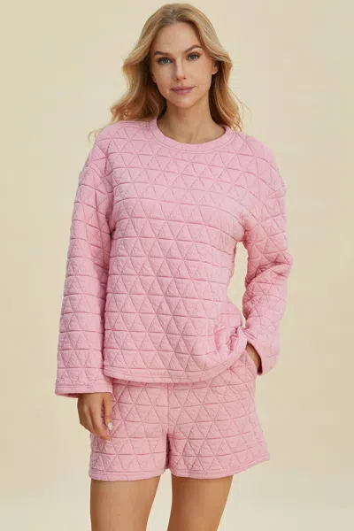 Truedames Full Size Texture Round Neck Long Sleeve Top And Shorts Set In Pink