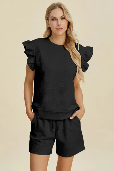 Truedames Full Size Texture Round Neck Ruffle Sleeve Top And Shorts Set In Black
