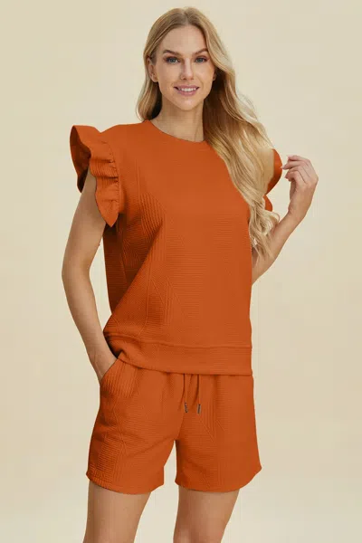 Truedames Full Size Texture Round Neck Ruffle Sleeve Top And Shorts Set In Brown