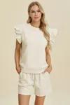 Truedames Full Size Texture Round Neck Ruffle Sleeve Top And Shorts Set In Neutral
