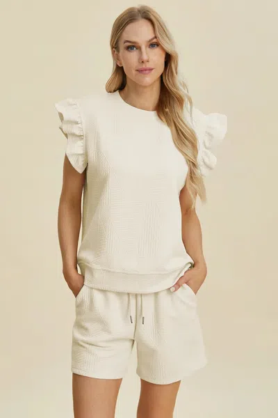 Truedames Full Size Texture Round Neck Ruffle Sleeve Top And Shorts Set In Neutral