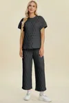 Truedames Full Size Texture Round Neck Short Sleeve Top And Pants Set In Black