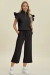 Truedames Full Size Texture Ruffle Short Sleeve Top And Wide Leg Pants Set In Black