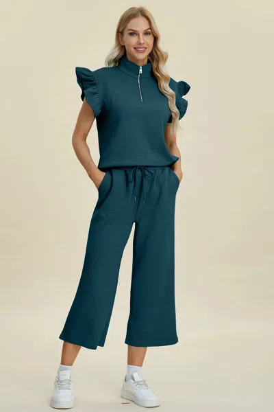 Truedames Full Size Texture Ruffle Short Sleeve Top And Wide Leg Pants Set In Blue