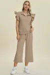 Truedames Full Size Texture Ruffle Short Sleeve Top And Wide Leg Pants Set In Green