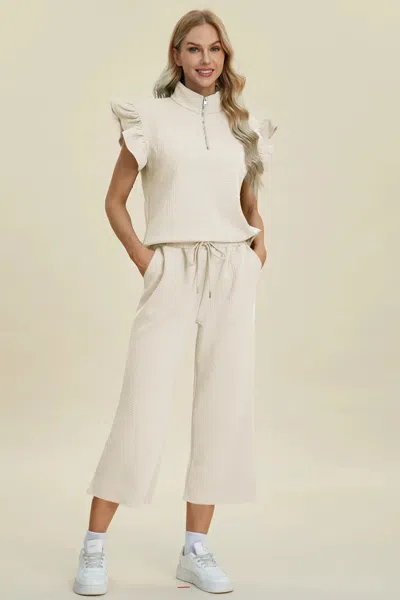 Truedames Full Size Texture Ruffle Short Sleeve Top And Wide Leg Pants Set In Multi
