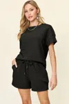 Truedames Full Size Texture Short Sleeve T-shirt And Drawstring Shorts Set In Black