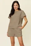 Truedames Full Size Texture Short Sleeve T-shirt And Drawstring Shorts Set In Brown