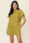 Truedames Full Size Texture Short Sleeve T-shirt And Drawstring Shorts Set In Green
