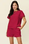 Truedames Full Size Texture Short Sleeve T-shirt And Drawstring Shorts Set In Red