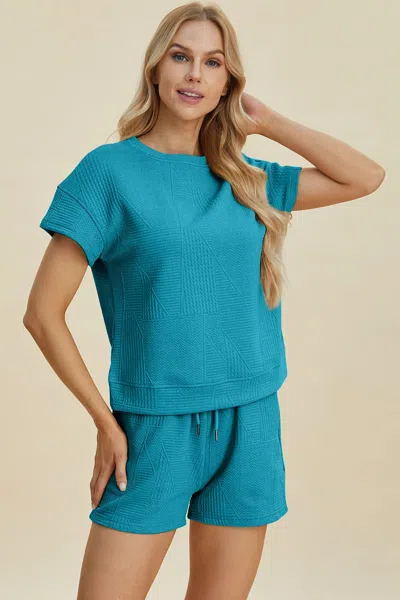 Truedames Full Size Texture Short Sleeve Top And Shorts Set In Blue