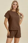 Truedames Full Size Texture Short Sleeve Top And Shorts Set In Brown