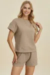 Truedames Full Size Texture Short Sleeve Top And Shorts Set In Green