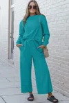 Truedames Full Size Textured Long Sleeve Top And Drawstring Pants Set In Blue