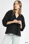 Truedames Full Size Textured Notched Balloon Sleeve Blouse Plus Size In Black