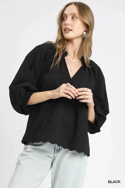 Truedames Full Size Textured Notched Balloon Sleeve Blouse Plus Size In Black