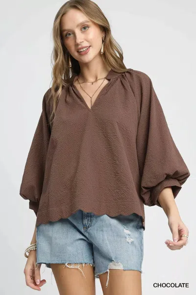 Truedames Full Size Textured Notched Balloon Sleeve Blouse Plus Size In Brown
